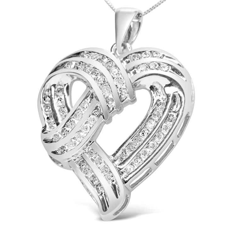 1.25ctw Round Diamond Openwork Ribbon Heart Sterling Silver Pendant with Chain