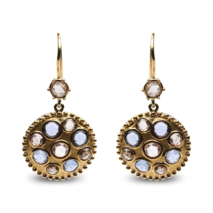 18K Yellow Gold Special Cut Round Blue Sapphire with White and Brown
Diamond Cluster Dangle Earrings