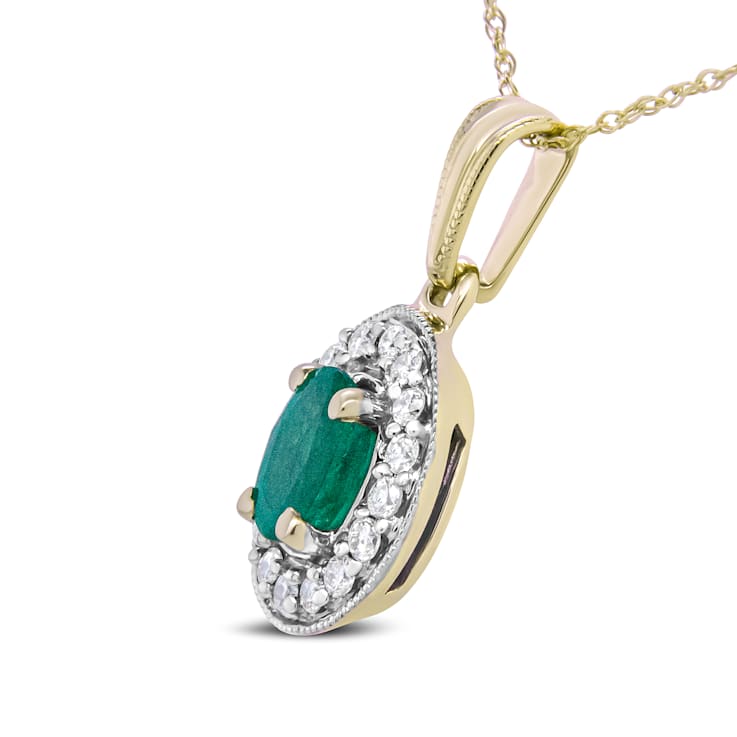 14K Yellow Gold 6x4mm Emerald and 1/5ctw Round Diamond Halo Pendant
w\chain 18"