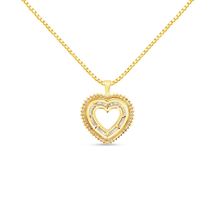 1.00ctw Round and Baguette Diamond Hearth 14K Yellow Gold Over Sterling
Silver Pendant with Chain
