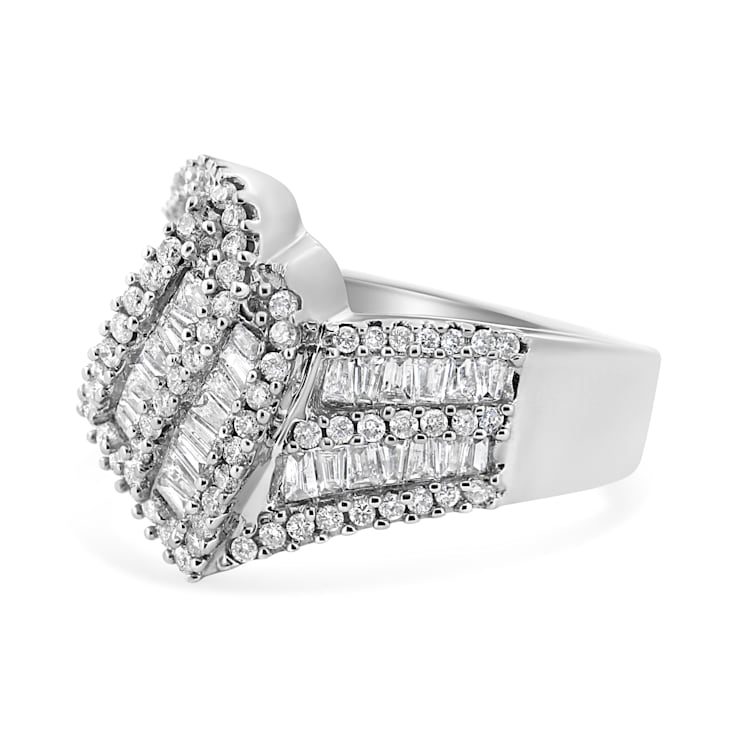 14K White Gold 1-1/2ctw Round and Baguette Diamond Bypass Cocktail
Ring(H-I Color, SI1-SI2 Clarity)