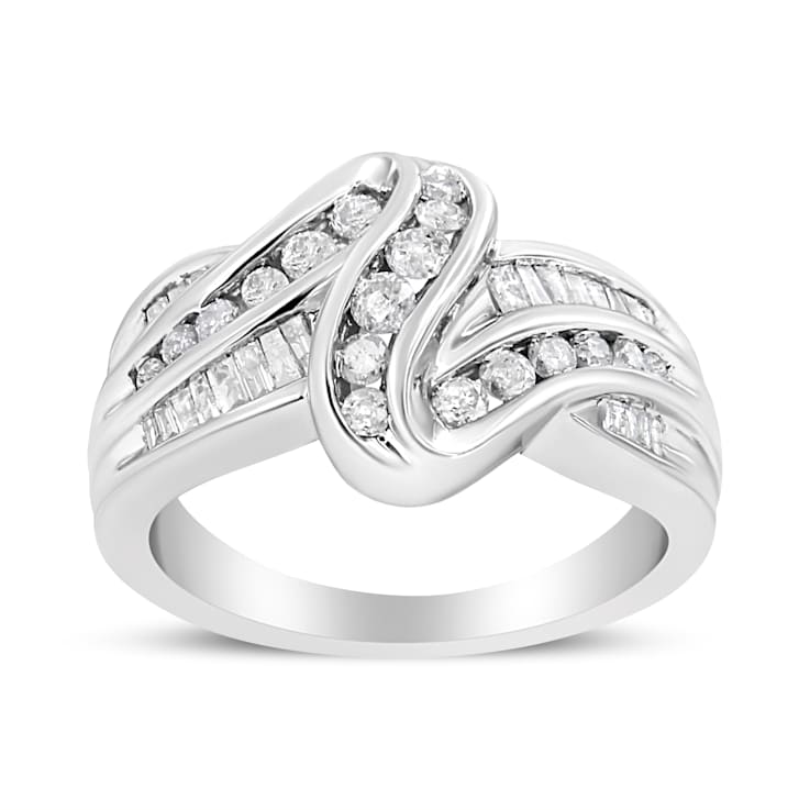 10K White Gold Ring 3/4ctw Round and Baguette-Cut Diamond Bypass Ring
(H-I Color, I2-I3 Clarity)