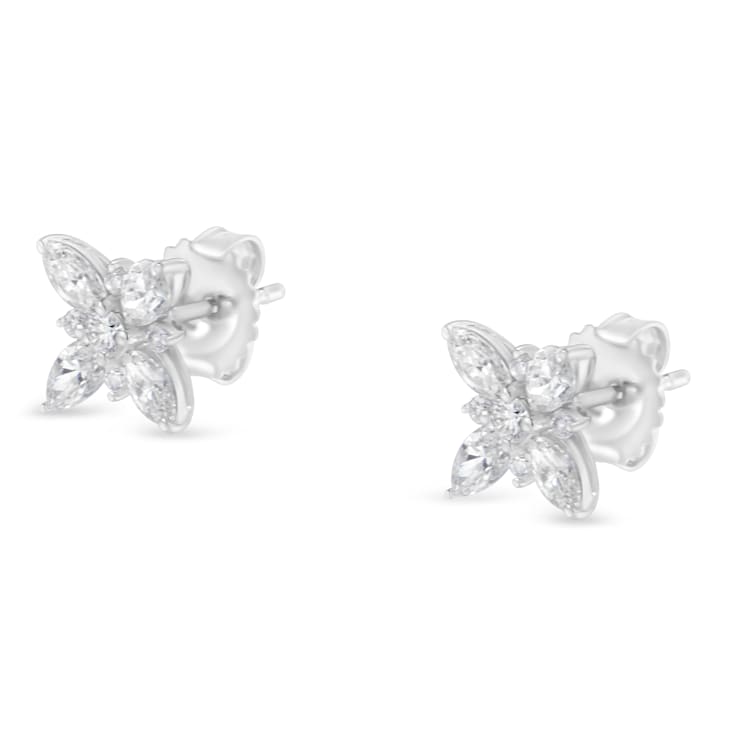 14K White Gold Marquise Diamond Flower Stud Earring 1.00ctw