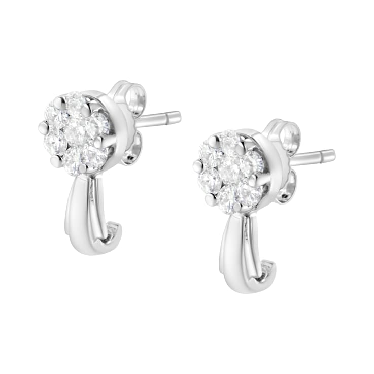 14K White Gold 3/4ctw Diamond Floral Cluster Drop and Dangle Stud Earrings