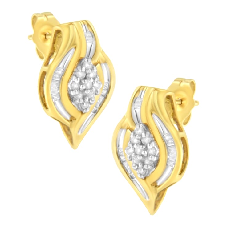 10K Yellow Gold 1/3ctw Round-Cut Diamond Cluster and Swirl Stud Earrings