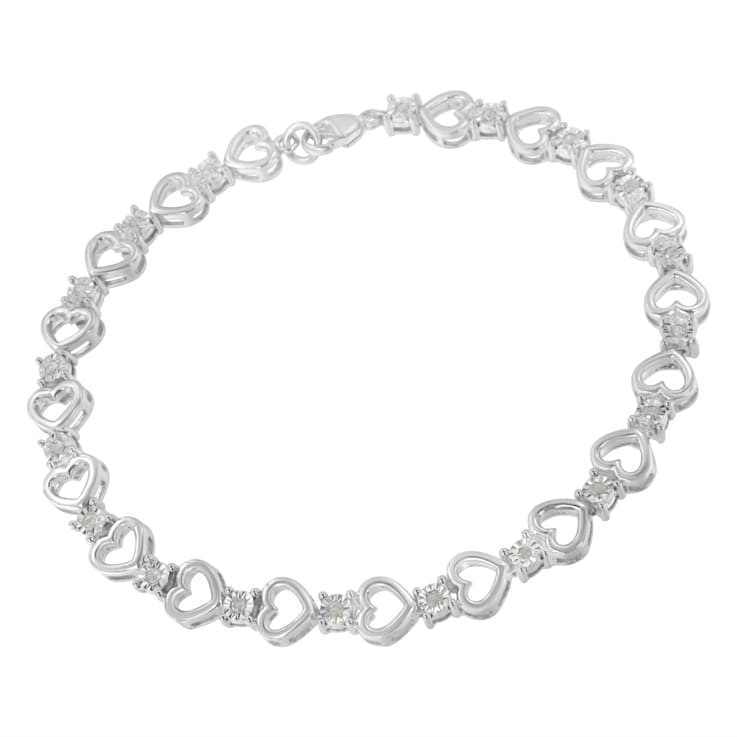 Sterling Silver 1/4 cttw Diamond Alternating Heart and Bezel Link
Bracelet (I-J, I3) -7"
