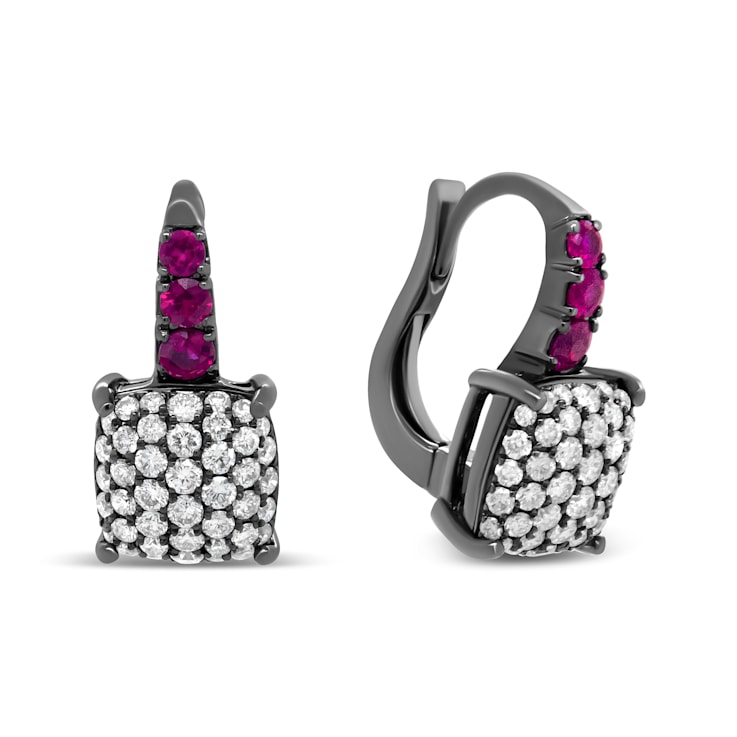 Black Rhodium Over 18K White Gold 7/8 Cttw Round Diamond and Graduated
Ruby Drop Earrings