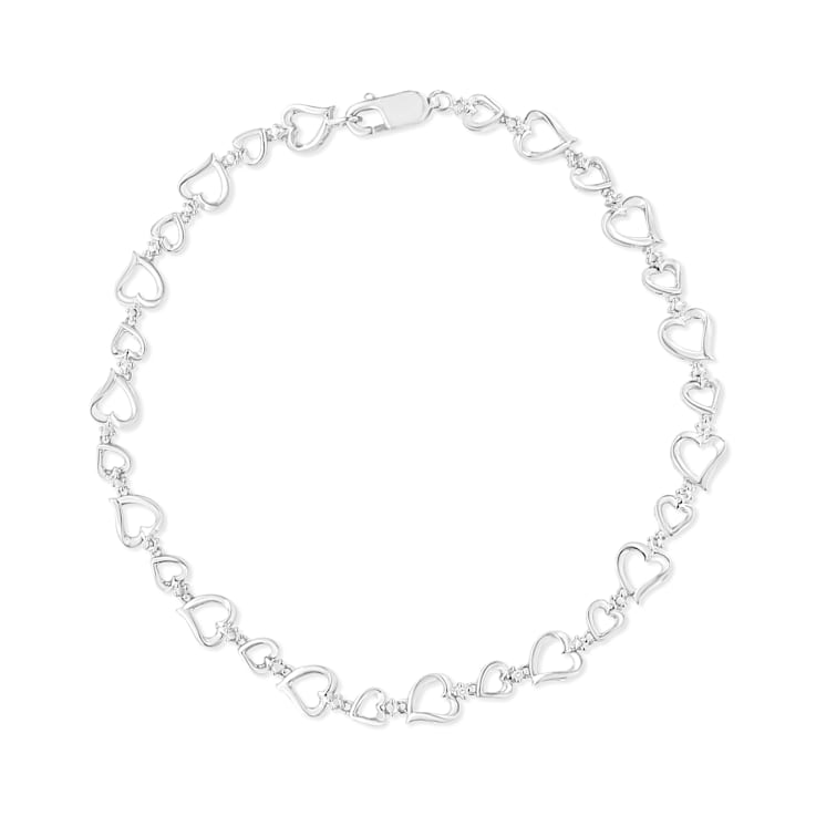 Sterling Silver Prong Set Diamond Accent Alternating Heart Link Bracelet
