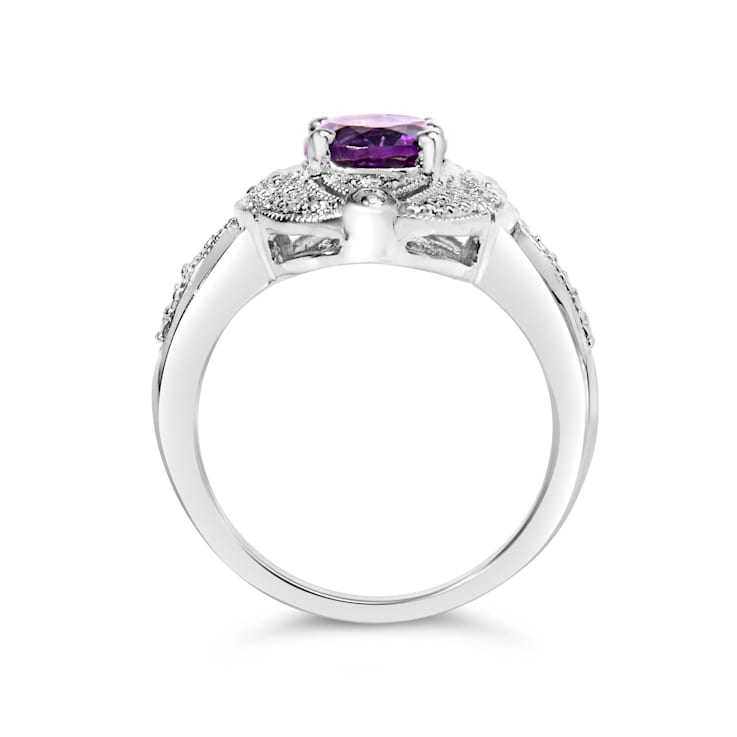 Sterling Silver 9x7mm Oval Purple Amethyst and Diamond Accent Art Deco
Style Cocktail Ring