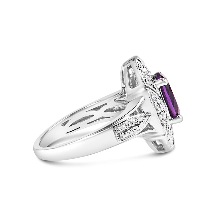 Sterling Silver 9x7mm Oval Purple Amethyst and Diamond Accent Art Deco
Style Cocktail Ring