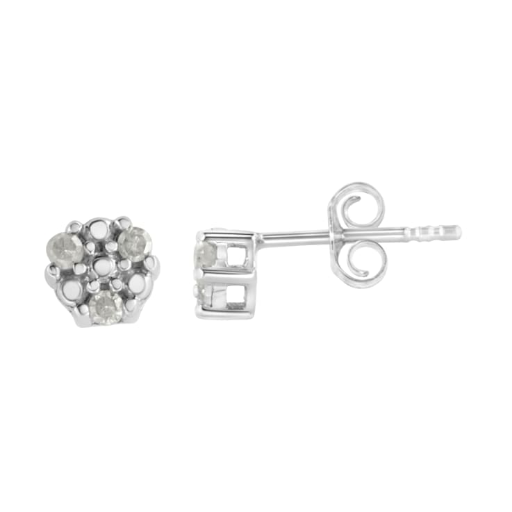 Sterling Silver 1/10ctw Prong Set Round-Cut Trio Diamond Stud Earrings