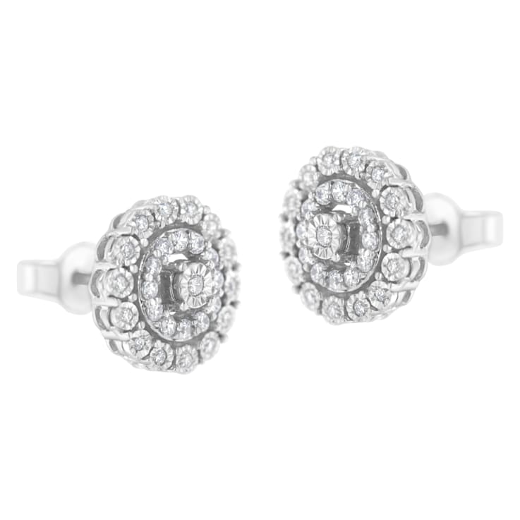 10K White Gold 1/2ctw Double Halo Brilliant Round-Cut Diamond Stud Earrings