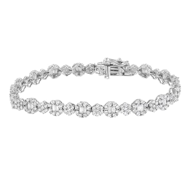 10K White Gold 4.0ctw Brilliant Round-cut and Baguette Diamond Floral
Cluster Link Bracelet