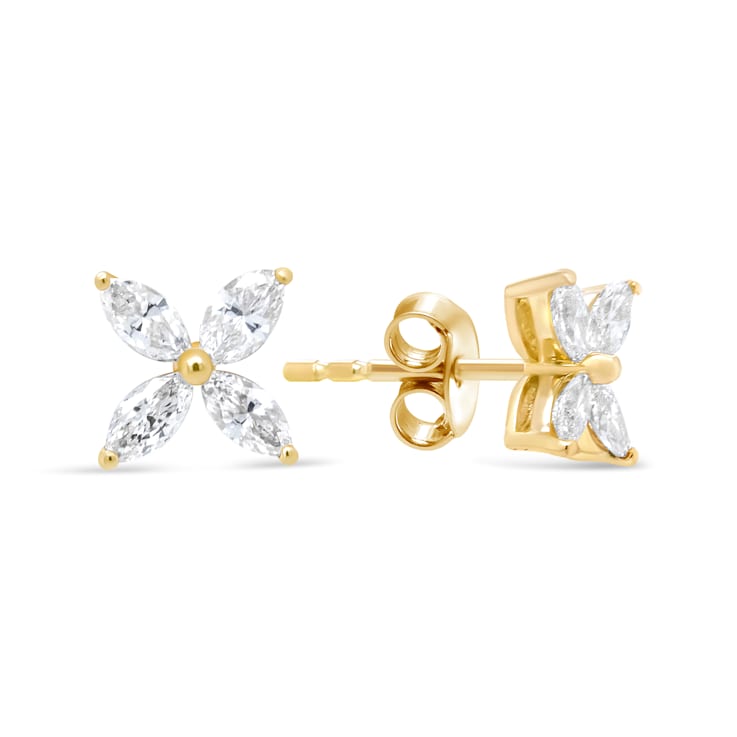 14K Yellow Gold 3/4ctw Marquise Diamond 8 Stone Floral Leaf Stud Earrings