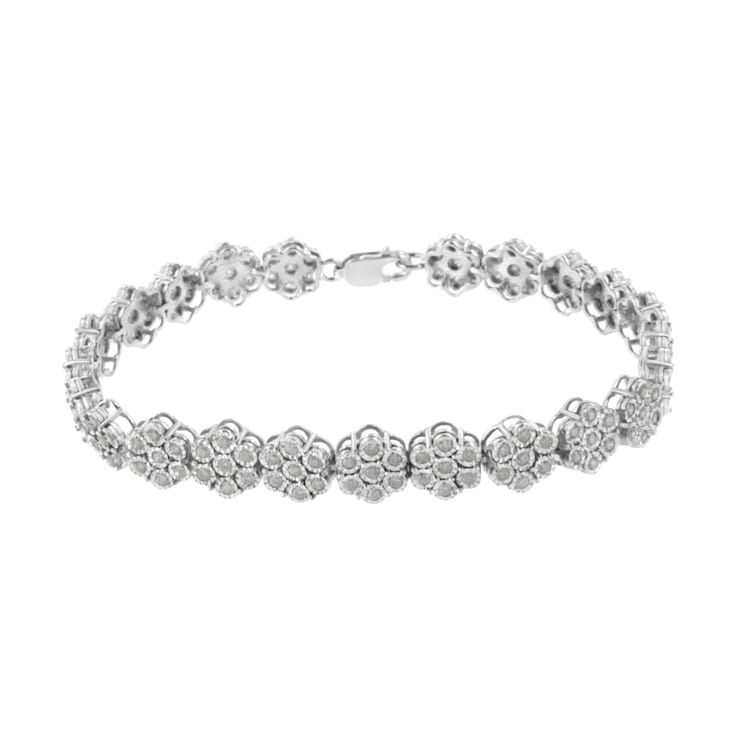Sterling Silver 2.0ctw Diamond 7 Stone Floral Cluster Link Bracelet