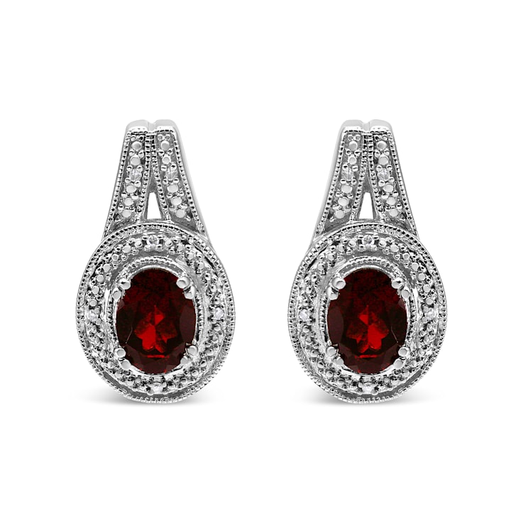 Sterling Silver Diamond Accent and 8x6mm Red Oval Garnet Stud Earrings