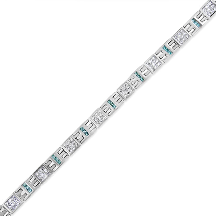 14K White Gold 3.0ctw Princess-Cut White and Blue Diamond Fashion Bracelet