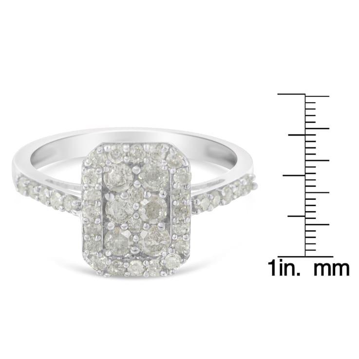 Sterling Silver 1.0ctw Diamond Emerald-Shaped Cluster with Halo Ring
(I-J Color, I3 Clarity)