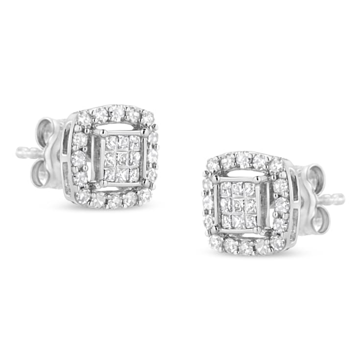 Sterling Silver 1/2ctw Round and Princess-Cut Diamond Stud Earrings