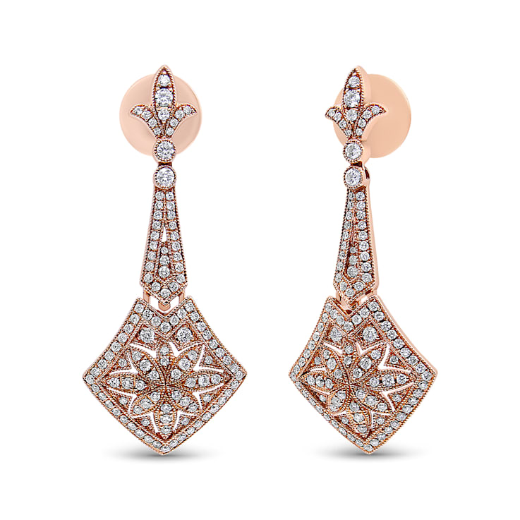 18K Rose Gold 1 1/3ctw Diamond Studded Fleur De Lis Drop and Dangle Earrings
