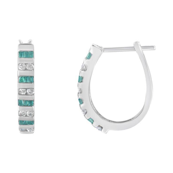 10k White Gold Round and Blue Baguette Diamond Hoop Earrings 0.50ctw