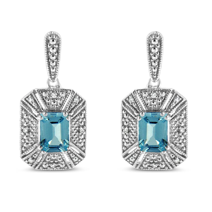 Sterling Silver 7x5MM Blue Topaz and Diamond Accent Art Deco Halo Drop
and Dangle Earrings