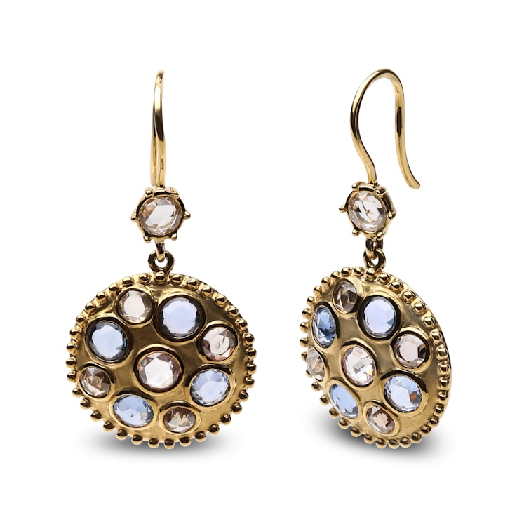 18K Yellow Gold Special Cut Round Blue Sapphire with White and Brown
Diamond Cluster Dangle Earrings