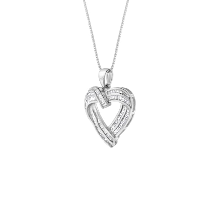 Sterling Silver 7/8ctw Baguette Diamond Heart Pendant Necklace (I-J, I2-I3)