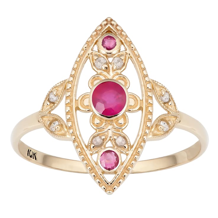 10k Yellow Gold Antique Style Genuine Round Ruby and Diamond Ring