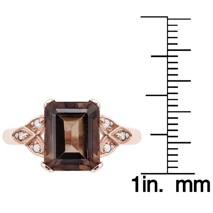 10k Rose Gold Vintage Style Genuine Emerald-Cut Smoky Quartz and Diamond Ring