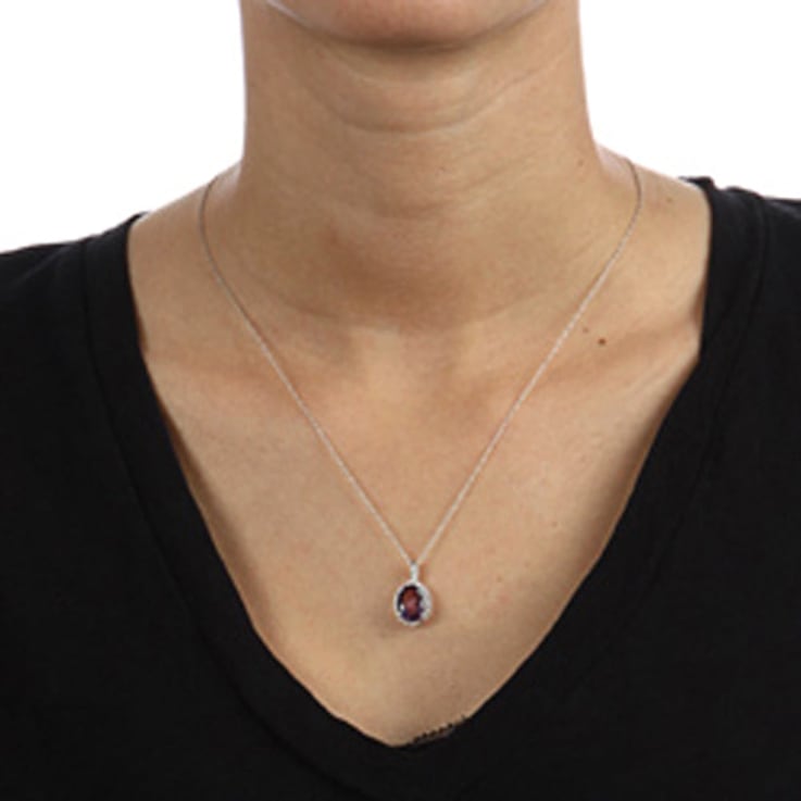 10k White Gold Oval Amethyst and Diamond Halo Pendant With Chain
