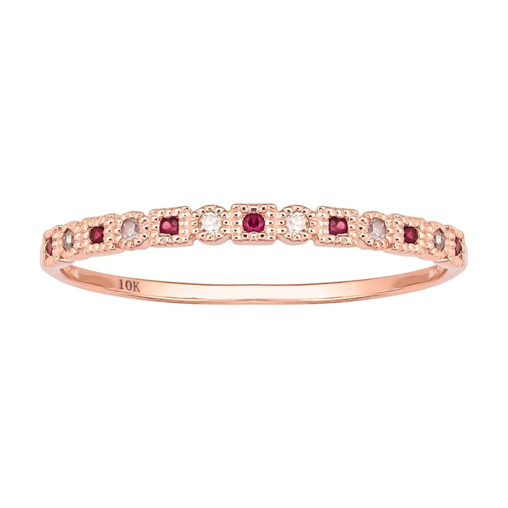 10k Rose Gold Vintage Style Ruby and Diamond Petite Stackable Band
