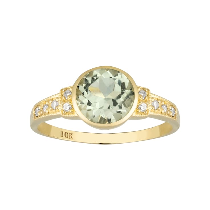 10k Yellow Gold Vintage Style Genuine Round Prasiolite and Diamond Ring