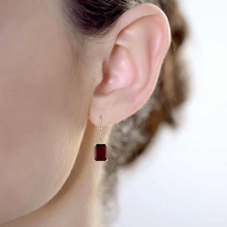 10K Yellow Gold Rectangular Octagonal Garnet and White Topaz Dangle Earrings