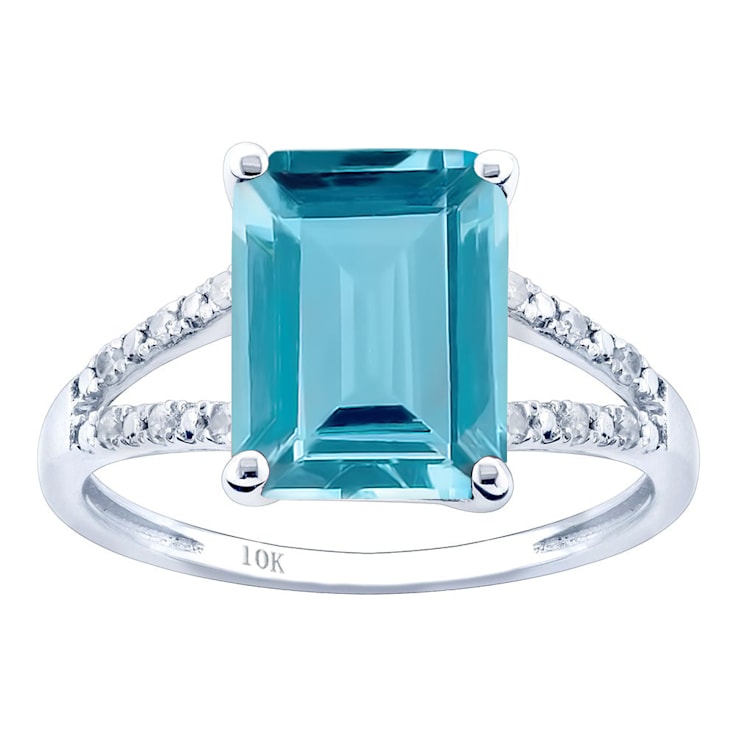 10k White Gold Genuine Emerald-Cut Blue Topaz and Split-Shank Diamond Ring