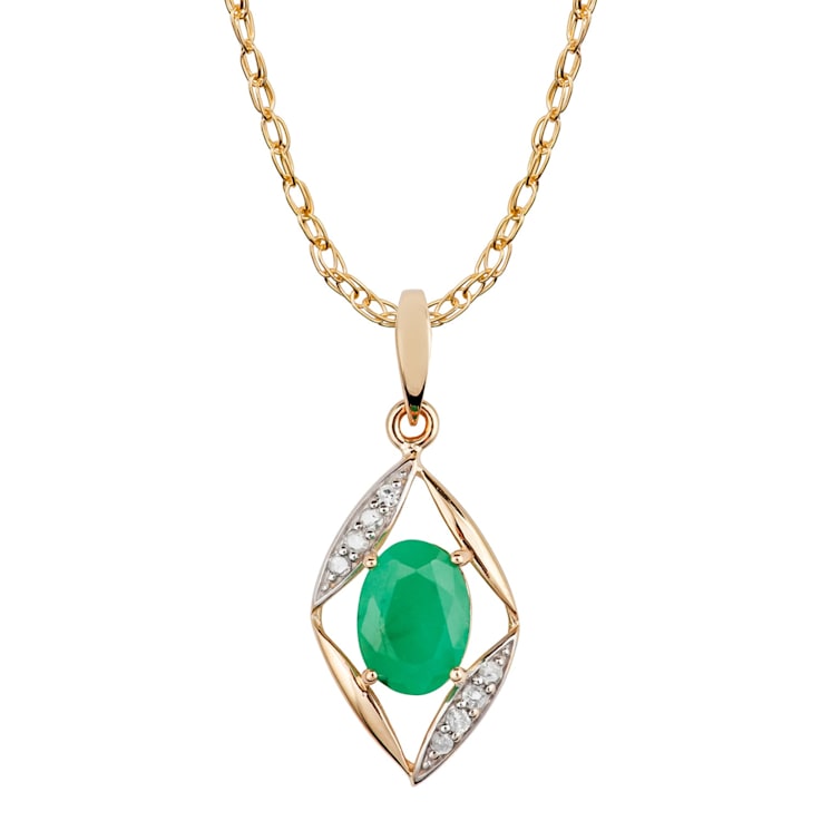 10k Yellow Gold Genuine Oval Emerald and Diamond Pendant With Chain