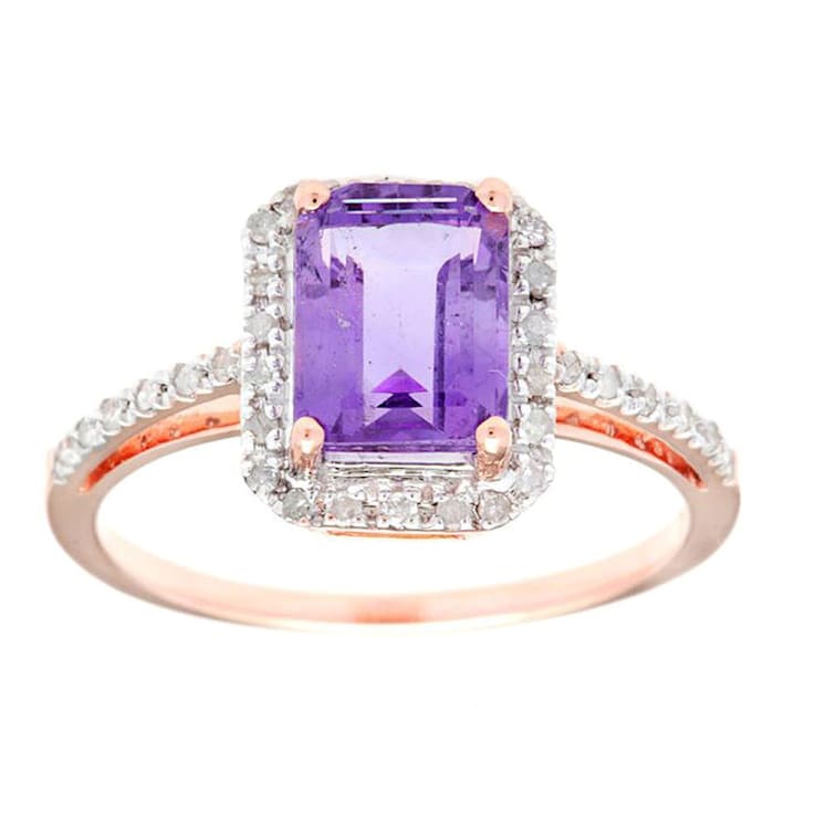 10k Rose Gold Emerald-Cut Amethyst and Diamond Halo Ring