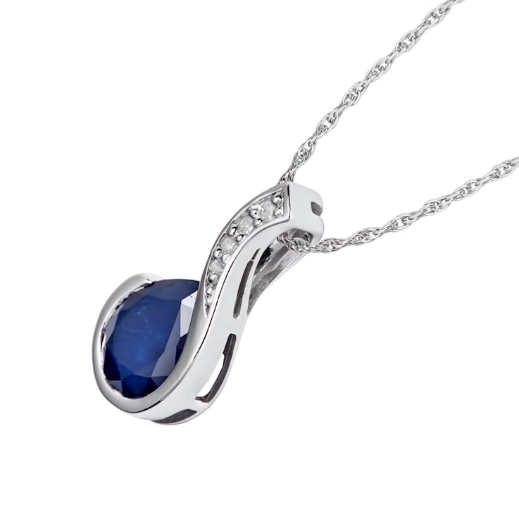 10k White Gold Genuine Pear-Shape Sapphire and Diamond Drop Pendant With Chain