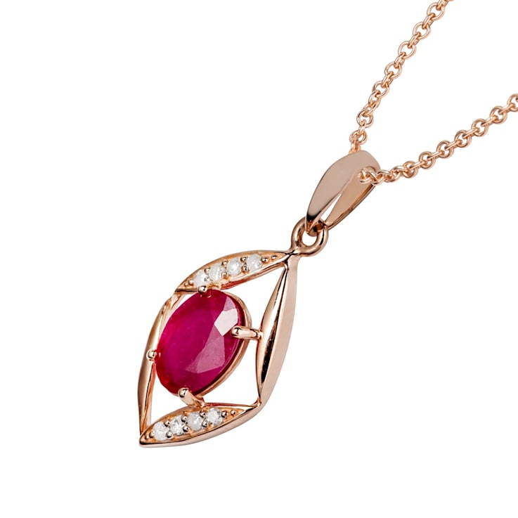 10k Rose Gold Genuine Oval Ruby and Diamond Pendant With Chain