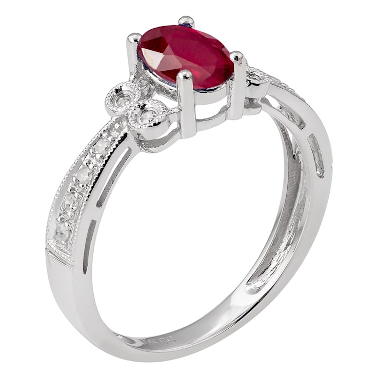 10k White Gold Vintage Style Oval Ruby and Diamond Ring