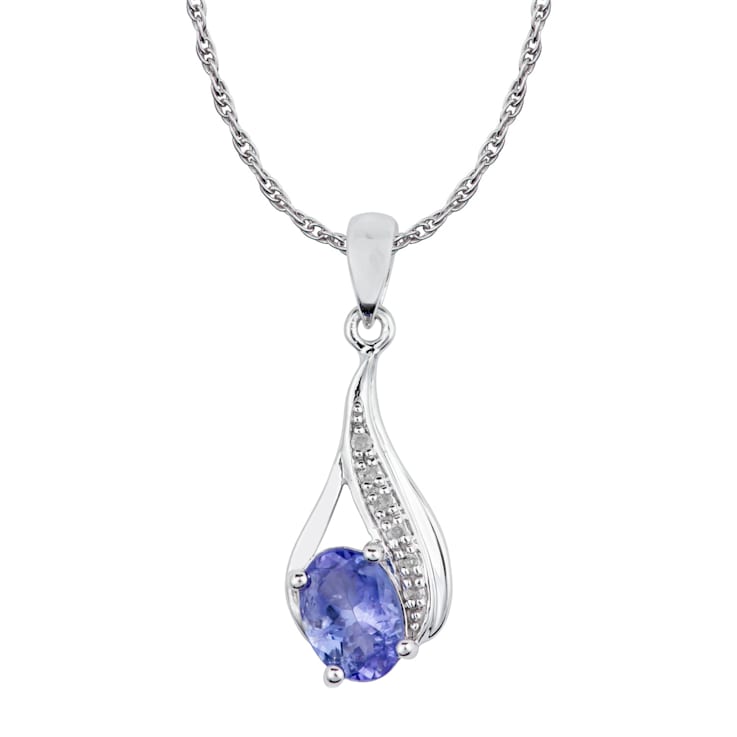 10k White Gold Genuine Oval Tanzanite and Diamond Drop Pendant With Chain