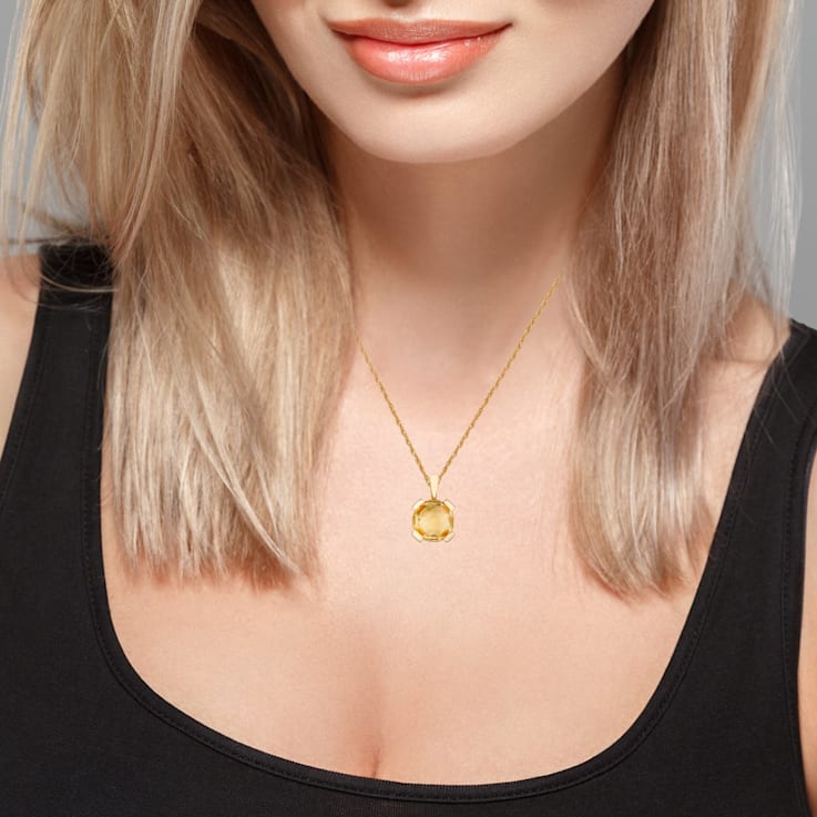 10k Yellow Gold Genuine Round Citrine Pendant With Chain