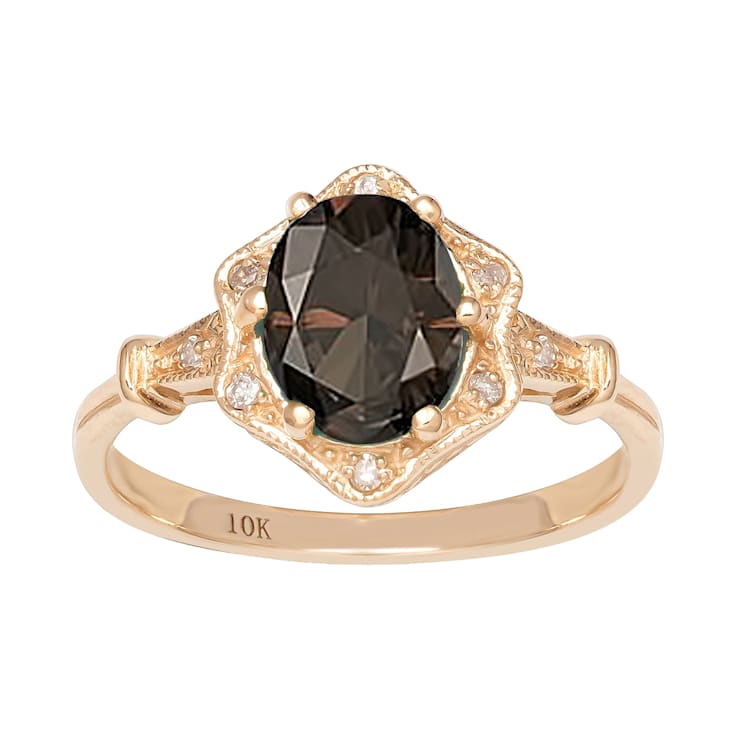 10k Yellow Gold Vintage Style Genuine Oval Smoky Quartz and Diamond Halo Ring