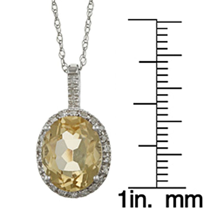 10k White Gold Oval Citrine and Diamond Halo Pendant With Chain