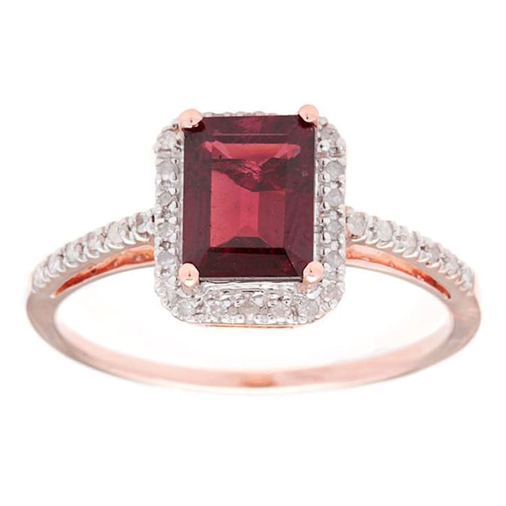 10k Rose Gold Emerald-Cut Garnet and Diamond Halo Ring