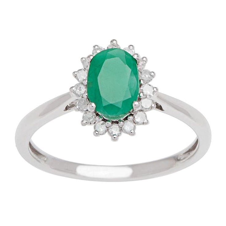 10k White Gold Oval Emerald and Halo Diamond Ring