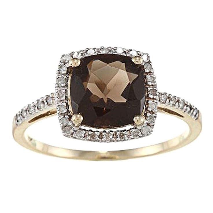 10k Yellow Gold Cushion Smoky Quartz and Diamond Halo Ring