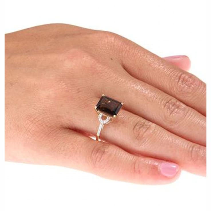 10k Yellow Gold Emerald-Shape Smoky Quartz and Diamond Ring