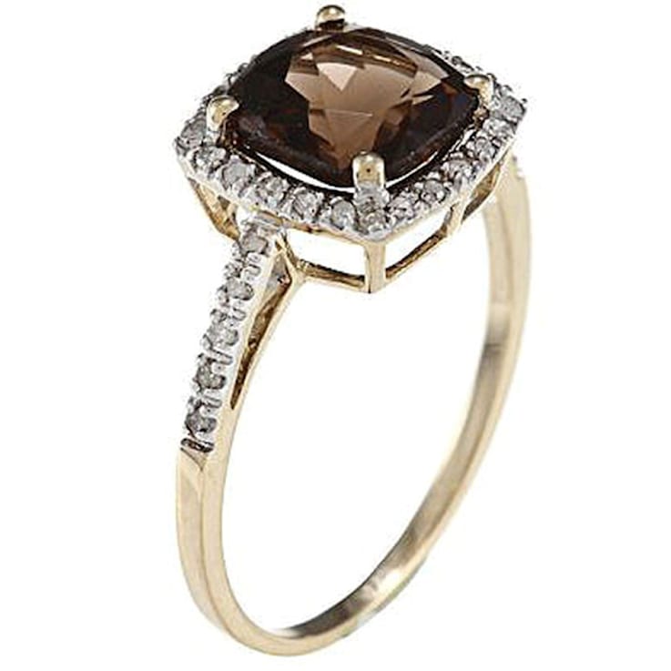 10k Yellow Gold Cushion Smoky Quartz and Diamond Halo Ring