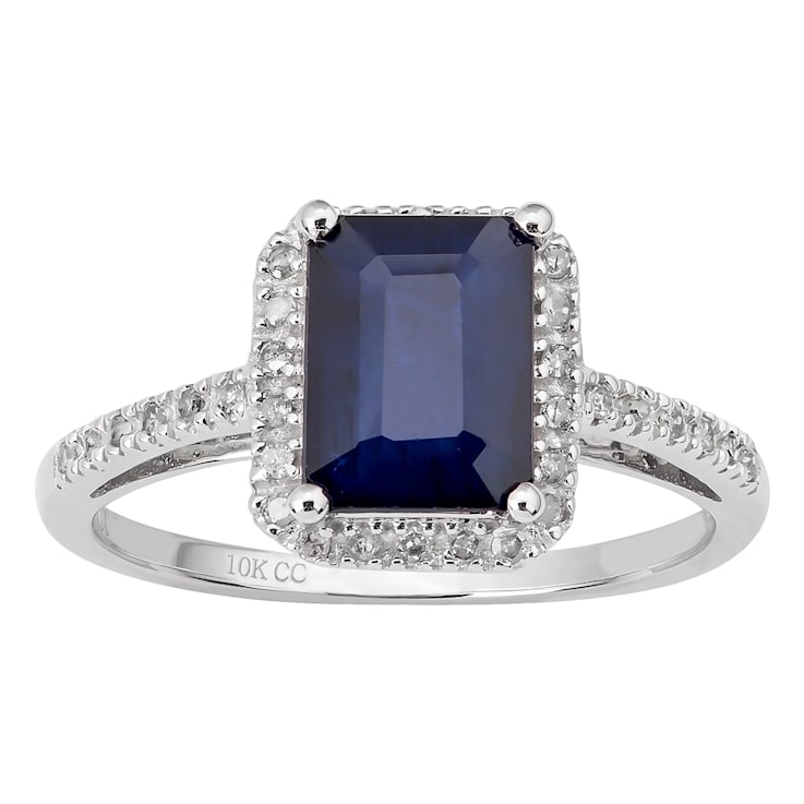 10k White Gold Emerald-Cut Sapphire and Diamond Halo Ring